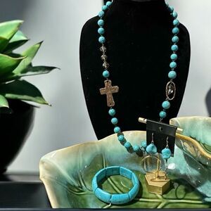 Genuine Gemstone Necklace Matching Earrings & Bracelet Turquoise